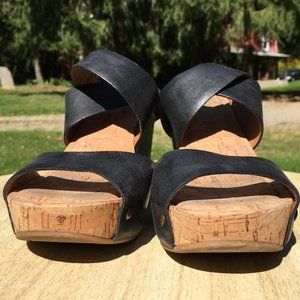 Lucky Brand MORAN Black Leather Wrapped Cork Platform Wedge Sandals Size 7 M